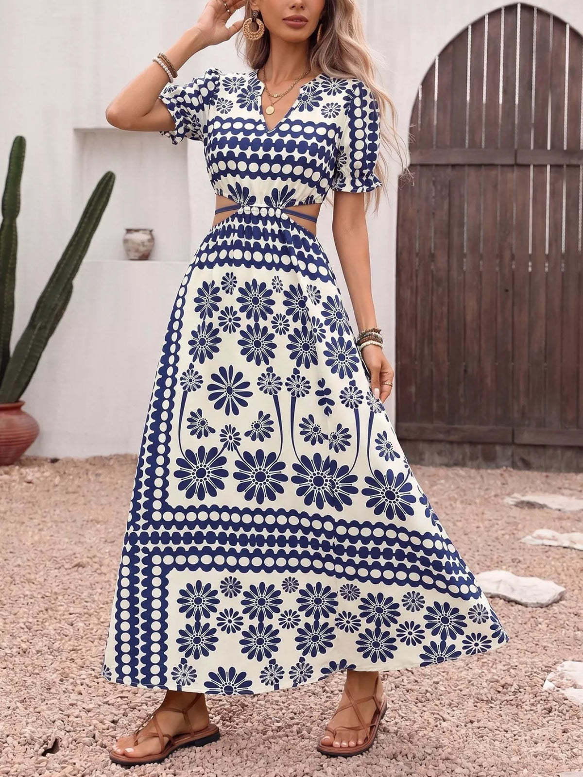 navy blue floral cutout waist maxi dress styled look