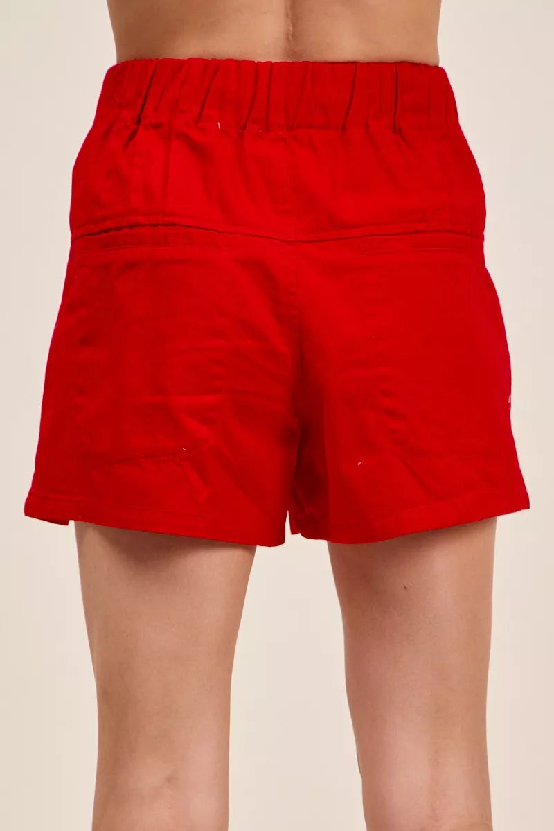 Red denim shorts drawstring waist detail