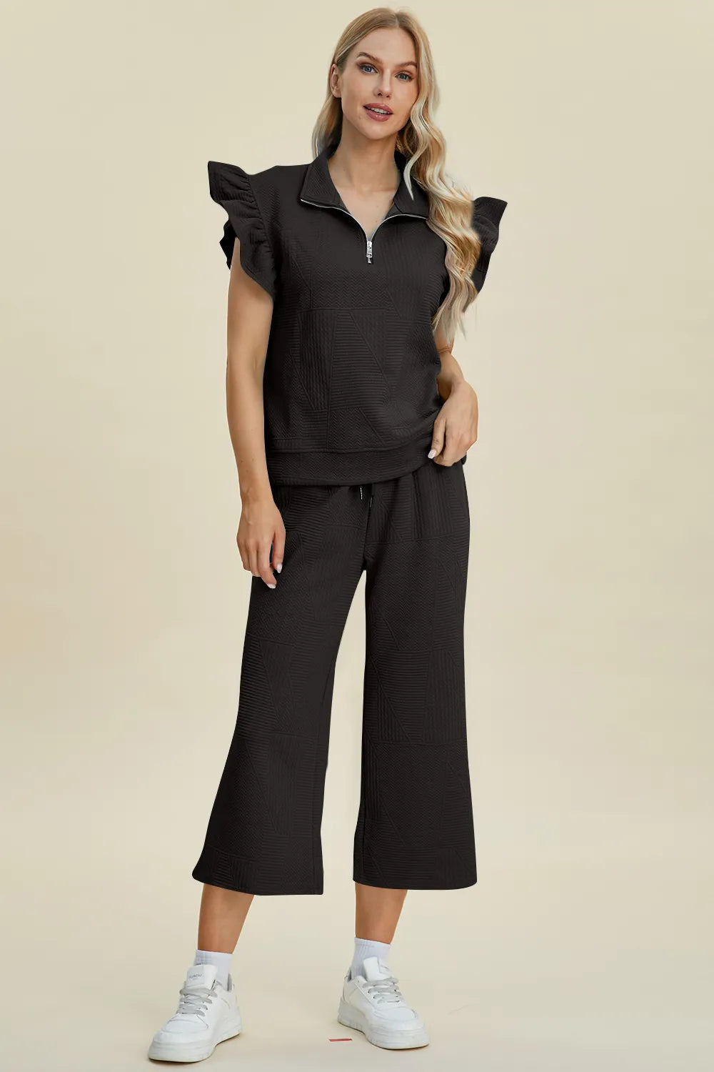 Double Take Full Size Texture Ruffle Short Sleeve Top and Wide Leg Pants Set - Fashorio