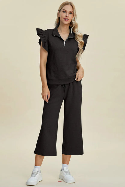 Double Take Full Size Texture Ruffle Short Sleeve Top and Wide Leg Pants Set - Fashorio