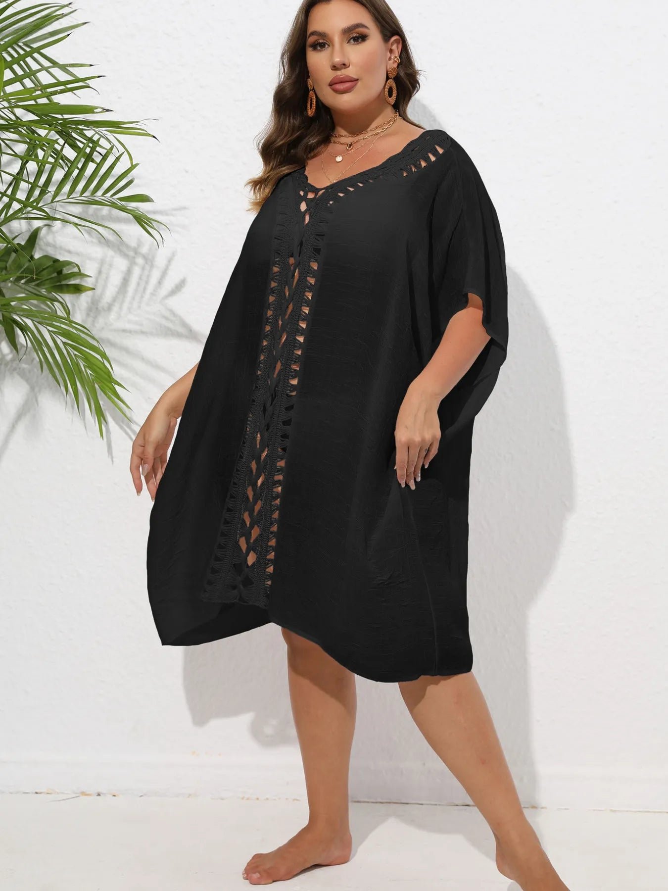 Crochet Trim V-Neck Beach Cover Up Dress - Fashorio