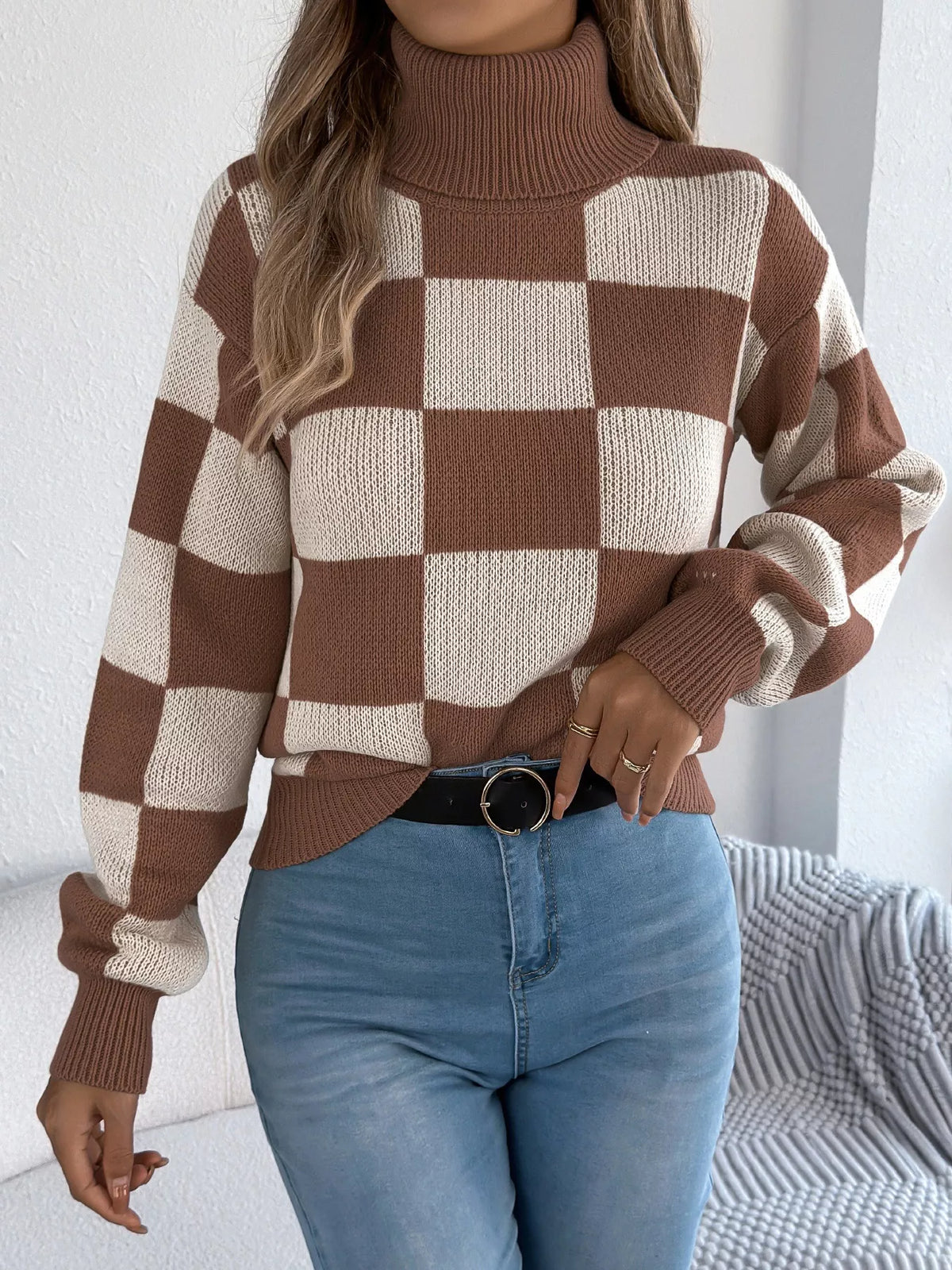 Checkered Turtleneck Long Sleeve Sweater view 16
