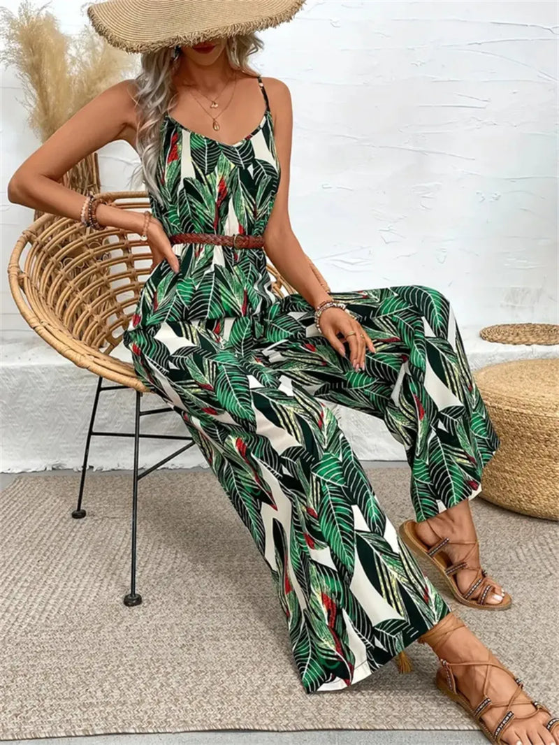 Tropical print spaghetti strap wide leg jumpsuit front view