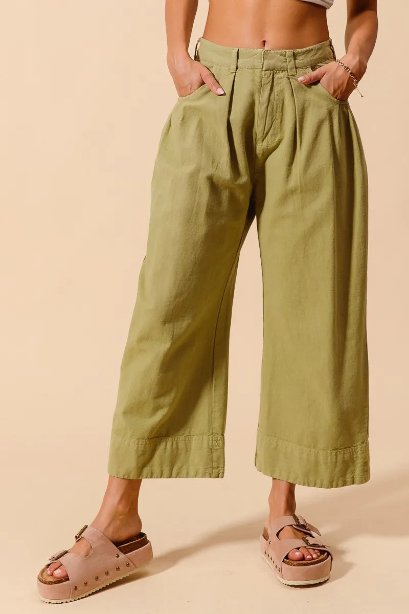 SO ME Mid Rise Wide Leg Chino Pants With Pockets SAGE - Fashorio