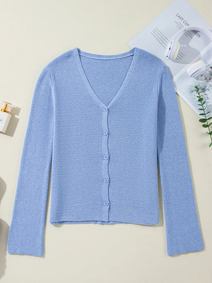 Ribbed Knit Button Front V Neck Cardigan - Fashorio