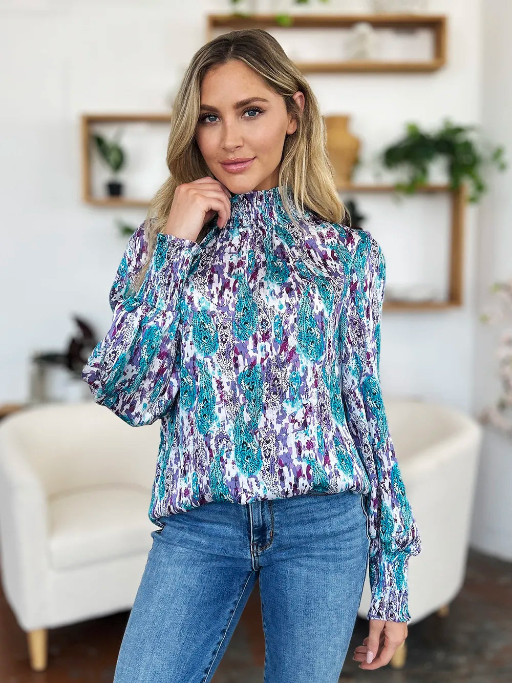 Sky blue colorway of the frill smocked blouse
