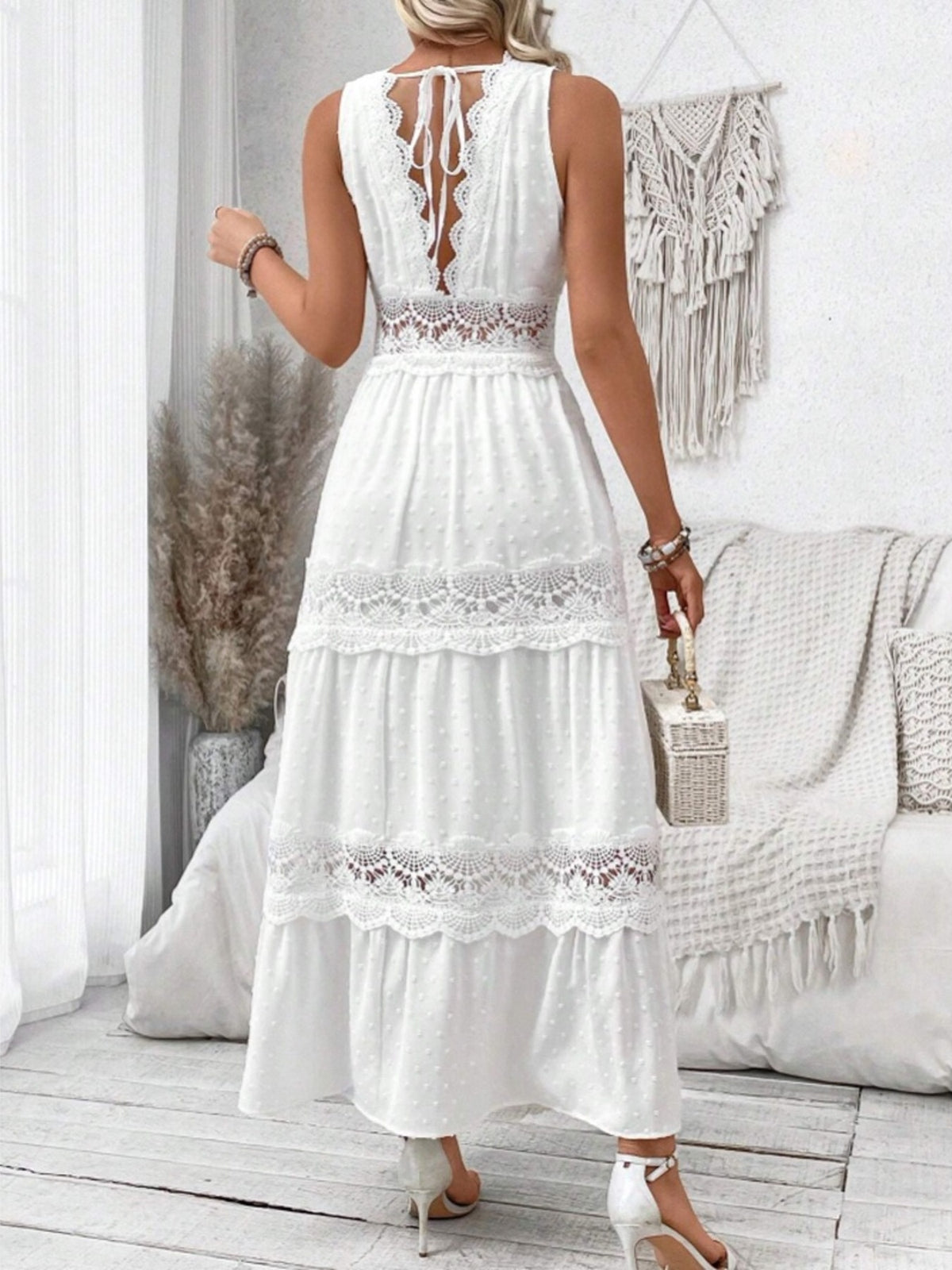 white swiss dot lace sleeveless tied maxi dress styled outfit view