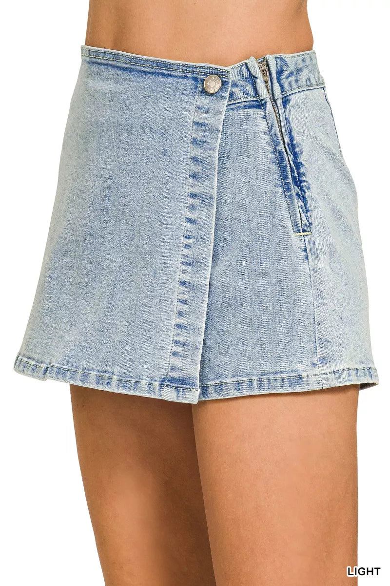 Zenana light wash wrap front denim skort, back view