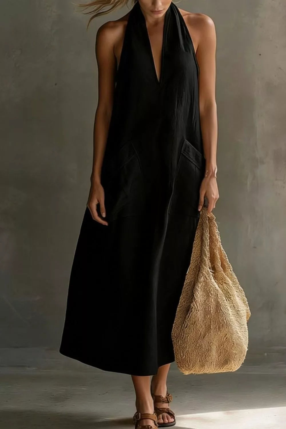 Halter neck pocket midi dress, detail view