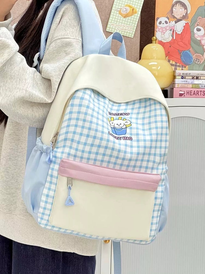 Cartoon gingham nylon backpack in blue front view