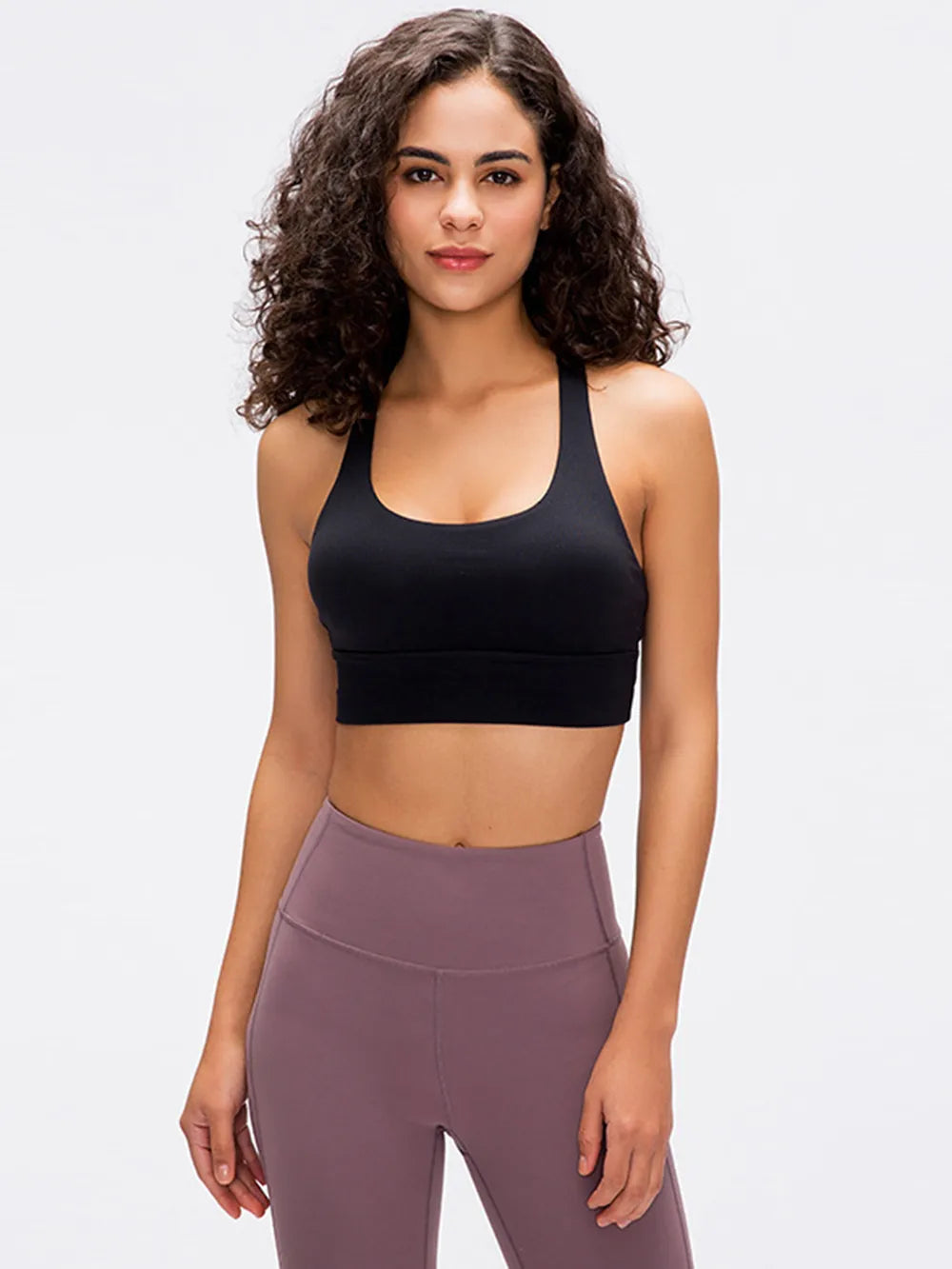 Crisscross scoop neck active tank studio view
