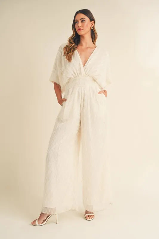Fluffy Deep V Neck Wide Leg Jumpsuit back view