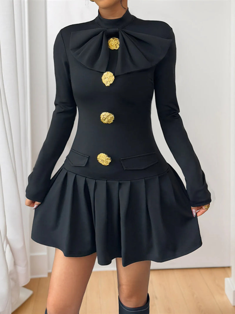 Black button mock neck long sleeve mini dress front view