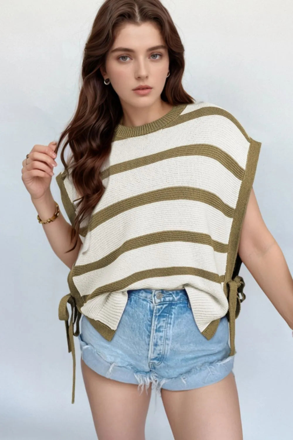 Stripe Tie Open Side Sweater Knitted Top Olive - Fashorio