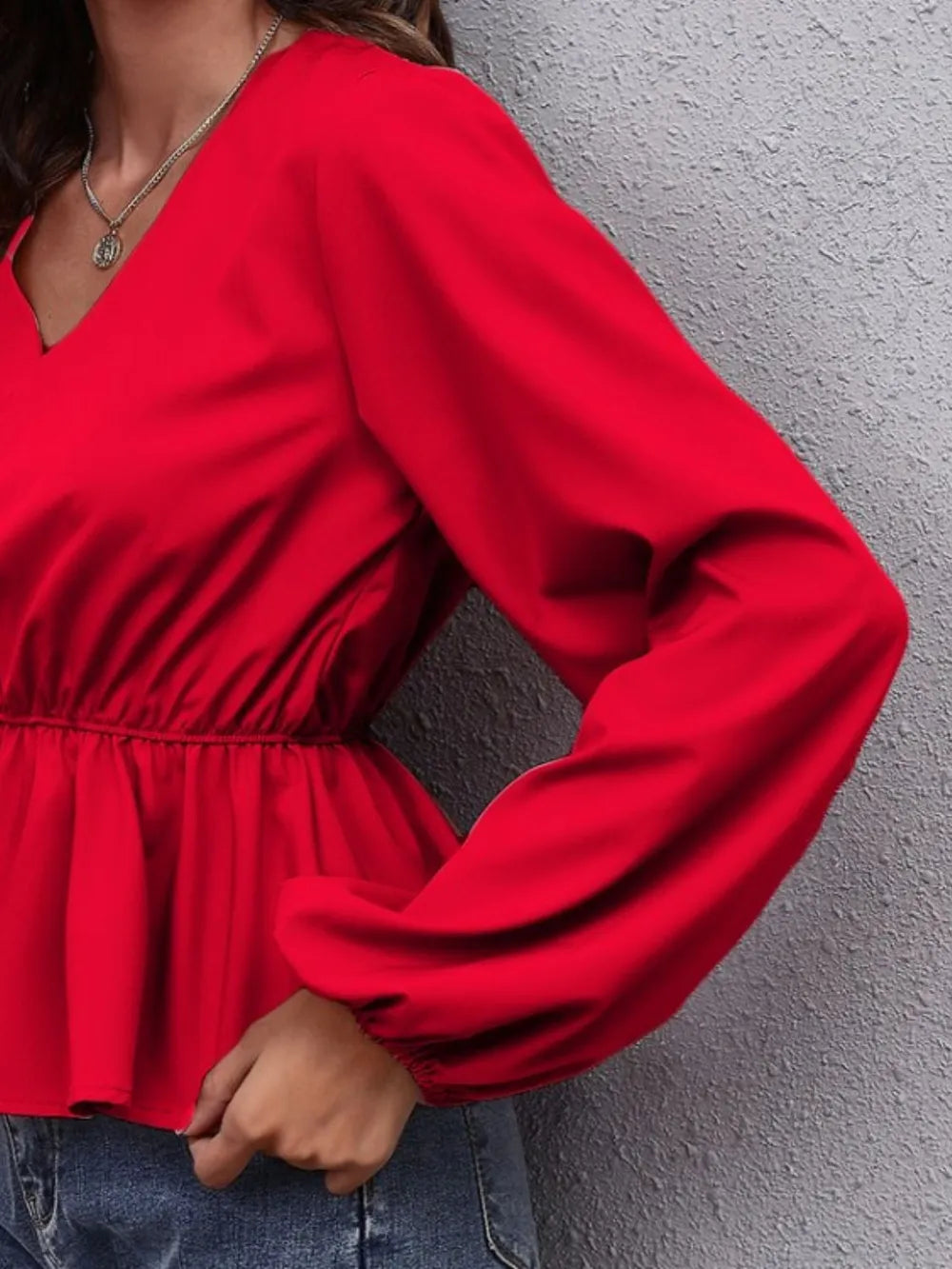V-Neck Balloon Sleeve Peplum Blouse - Fashorio