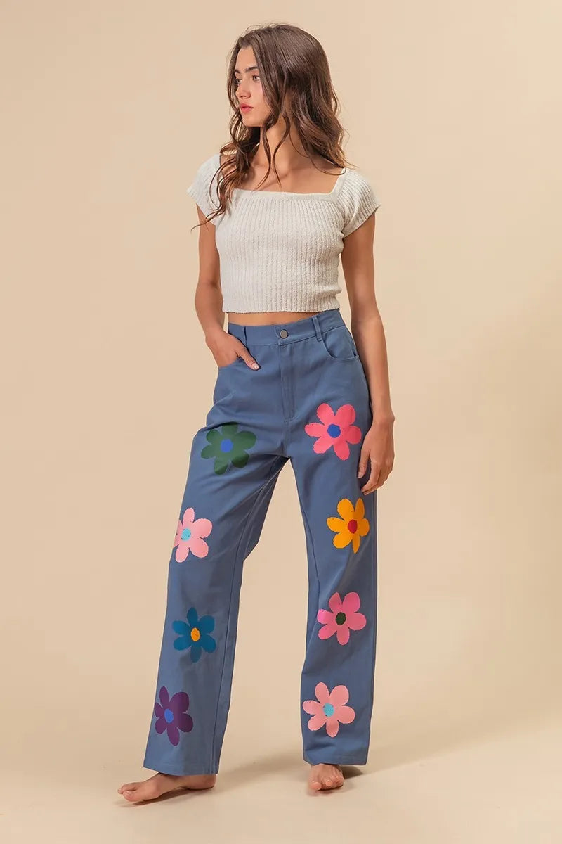 BiBi Flower Print Straight Legs Pants - Fashorio