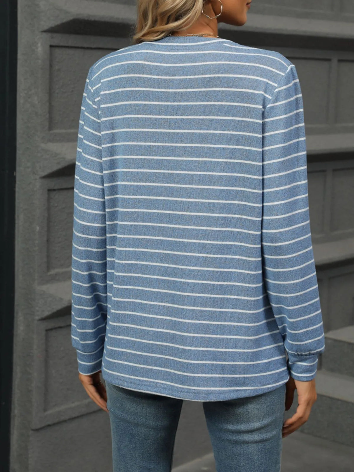 Striped henley tee button placket detail