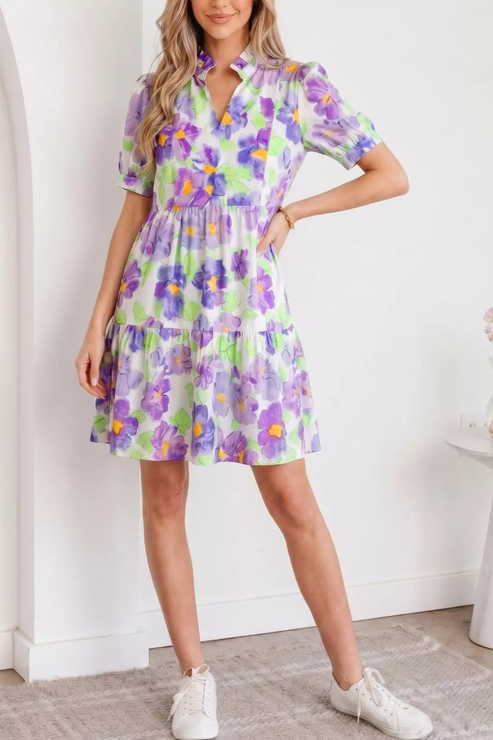 Lilac floral V collar tiered ruffle mini dress side view