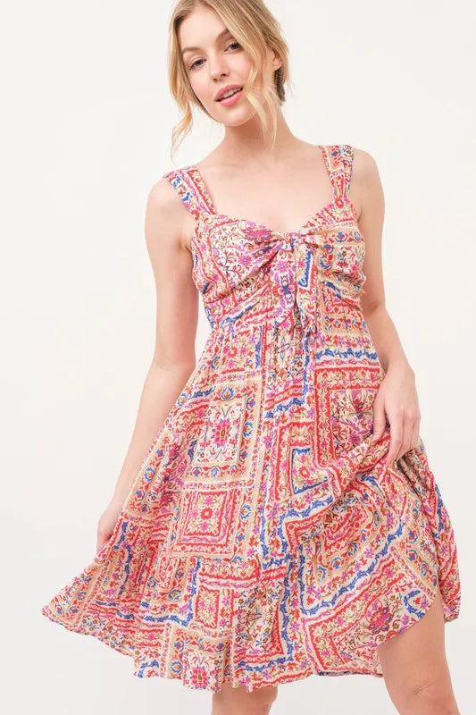 Tie Front Smocked Tiered Boho Dress in Red styled look