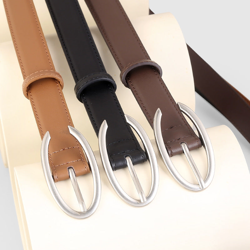 Oval buckle leather belt full length view