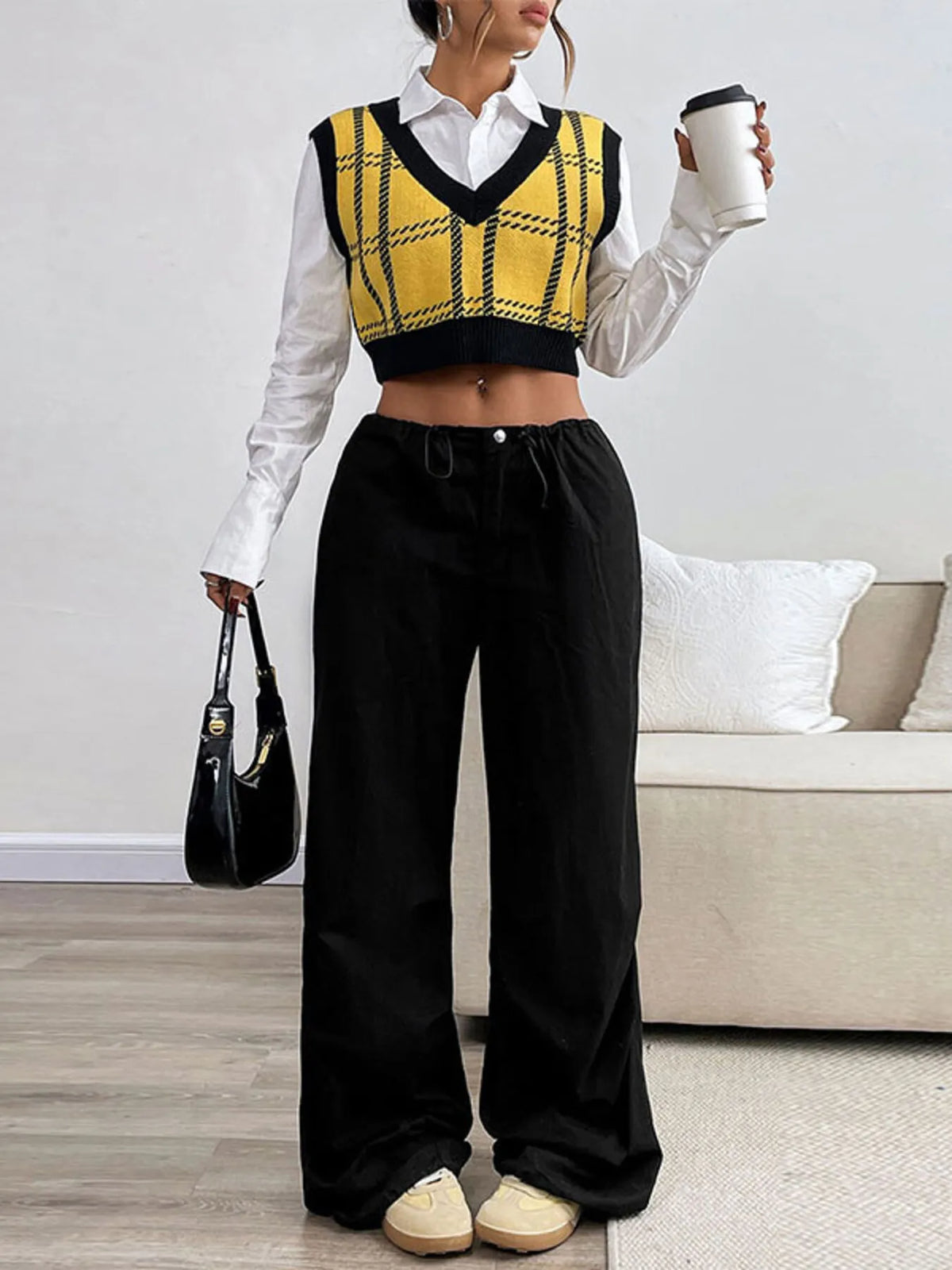 Plaid V Neck Cropped Sweater Vest detail