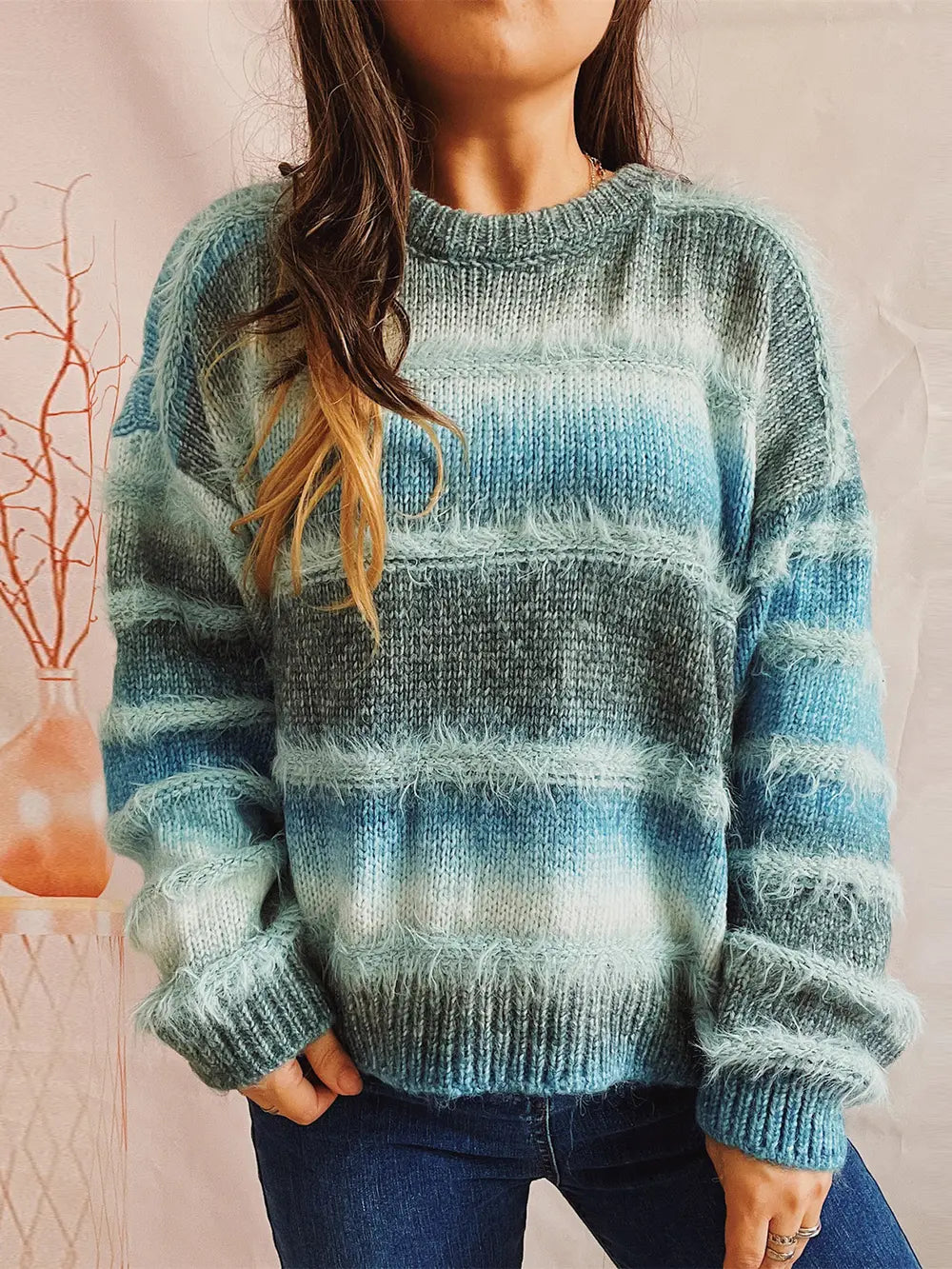 Striped Round Neck Long Sleeve Sweater Turquoise One Size - Fashorio