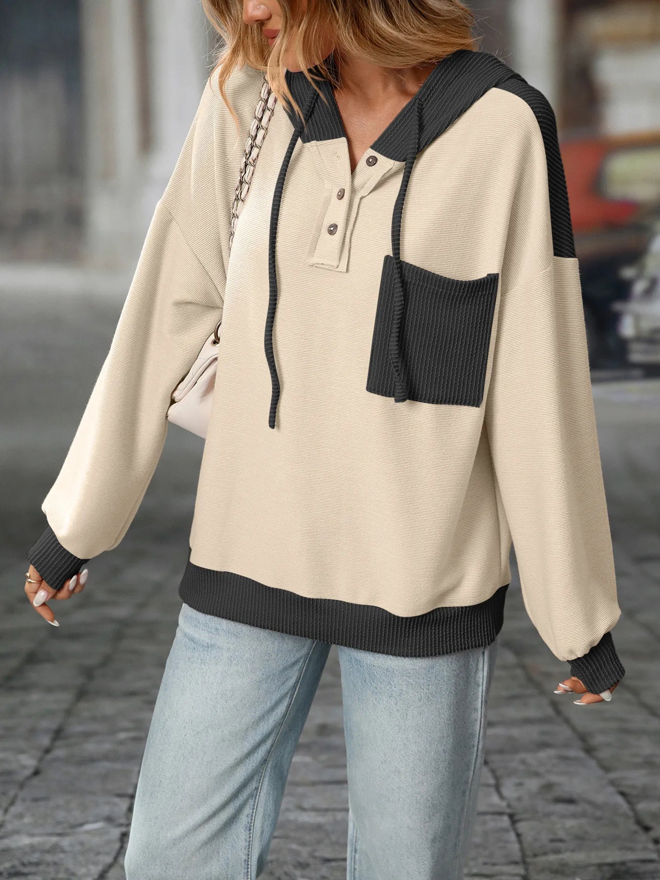 Drawstring Button Detail Long Sleeve Hoodie - Fashorio