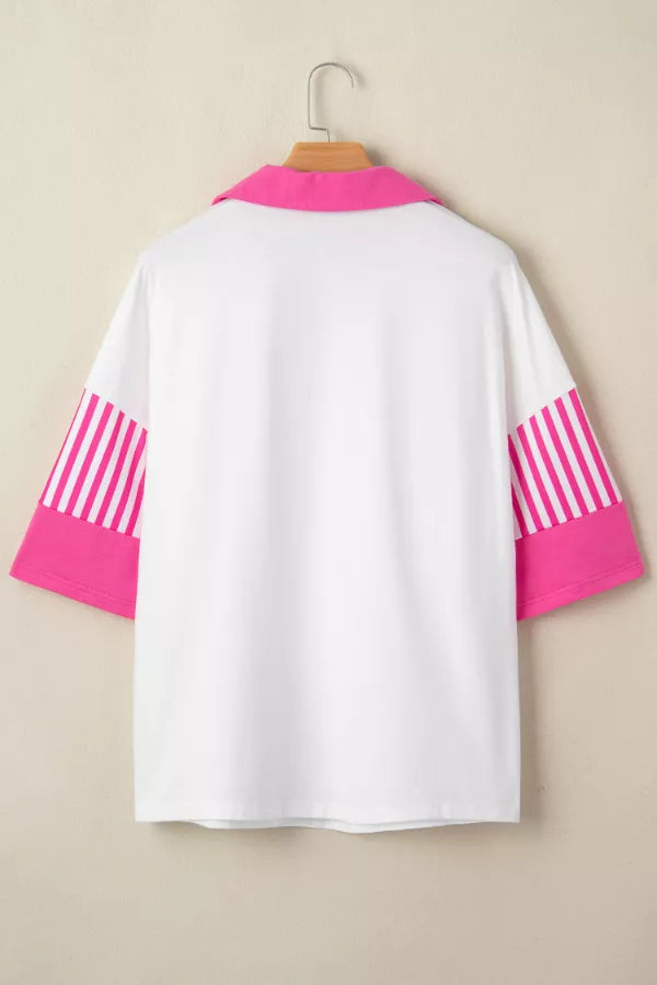 White striped color block half sleeve polo shirt detail of the fabric