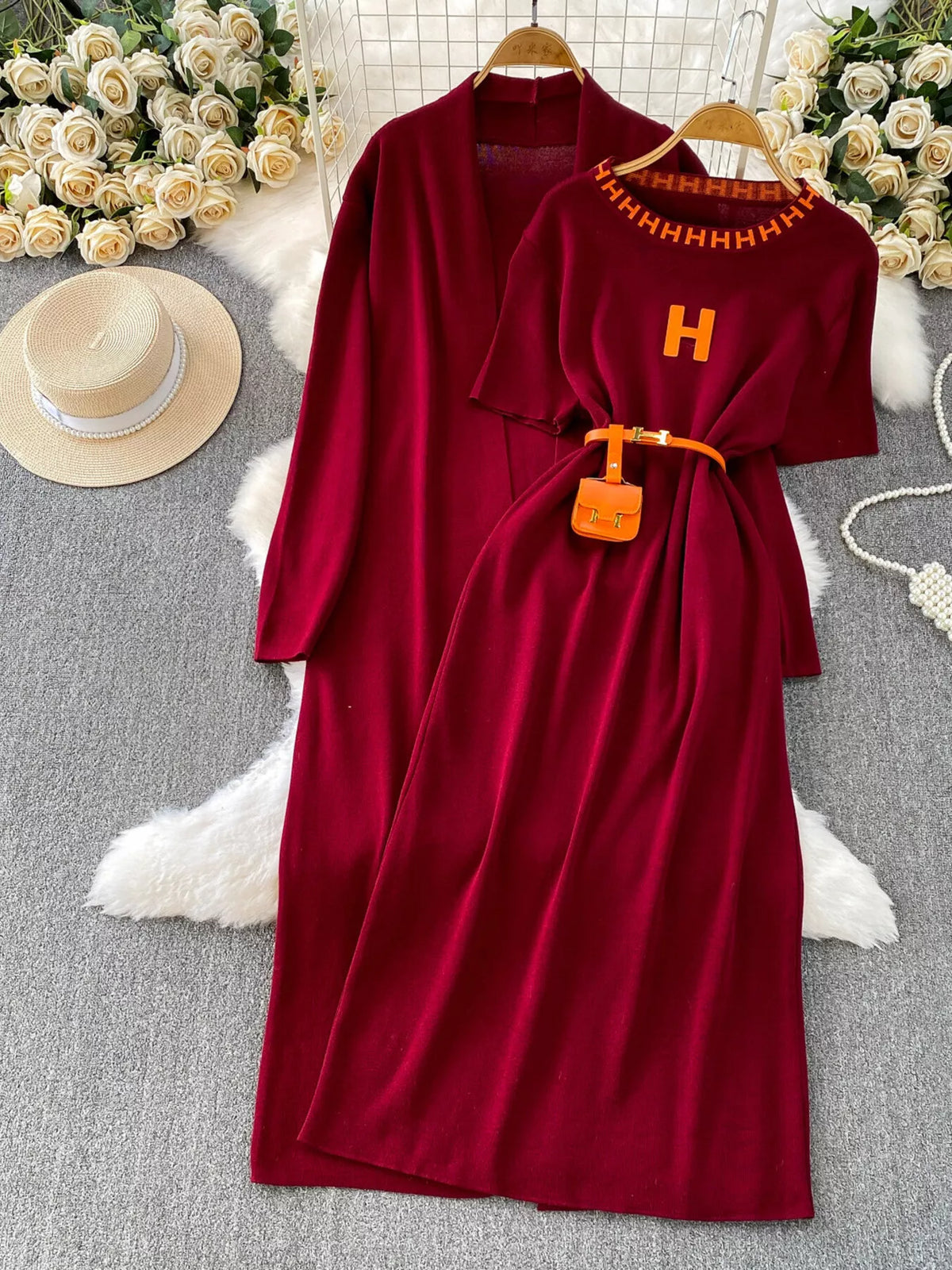 Round Neck Knitted Dress and Cardigan Set, view 5