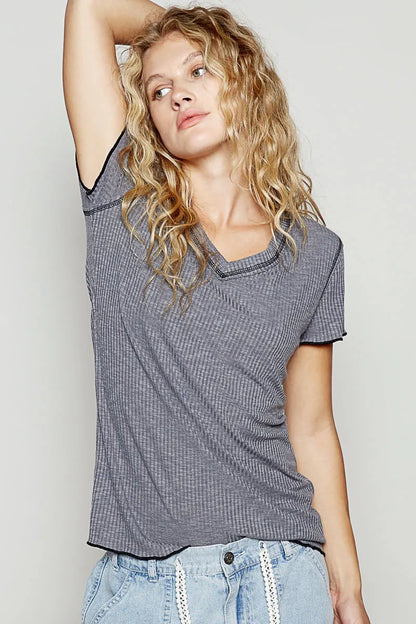 POL V-Neck Short Sleeve Ribbed T-Shirt with Contrast Overlock Stitching - Fashorio