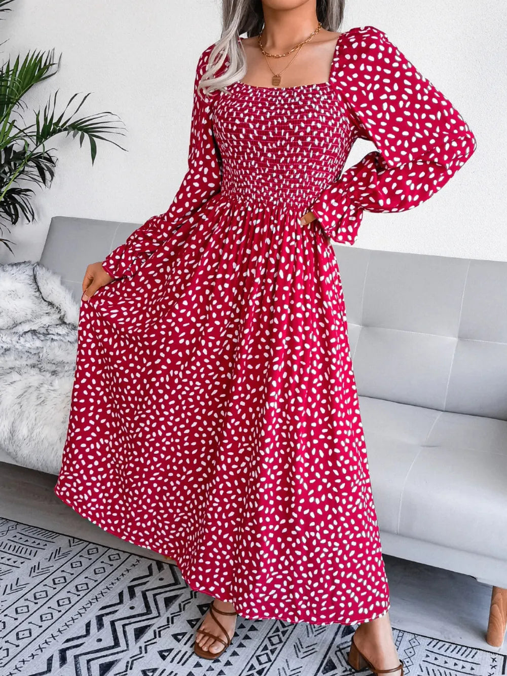 Smocked square neck flounce sleeve dress full length view