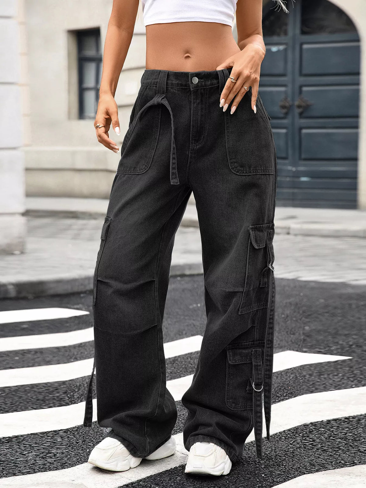 Blue wide leg cargo jeans
