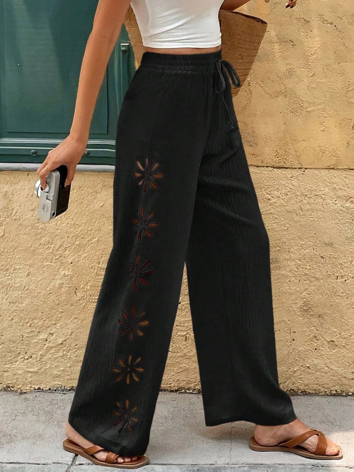 Apricot casual wide leg drawstring pants front view