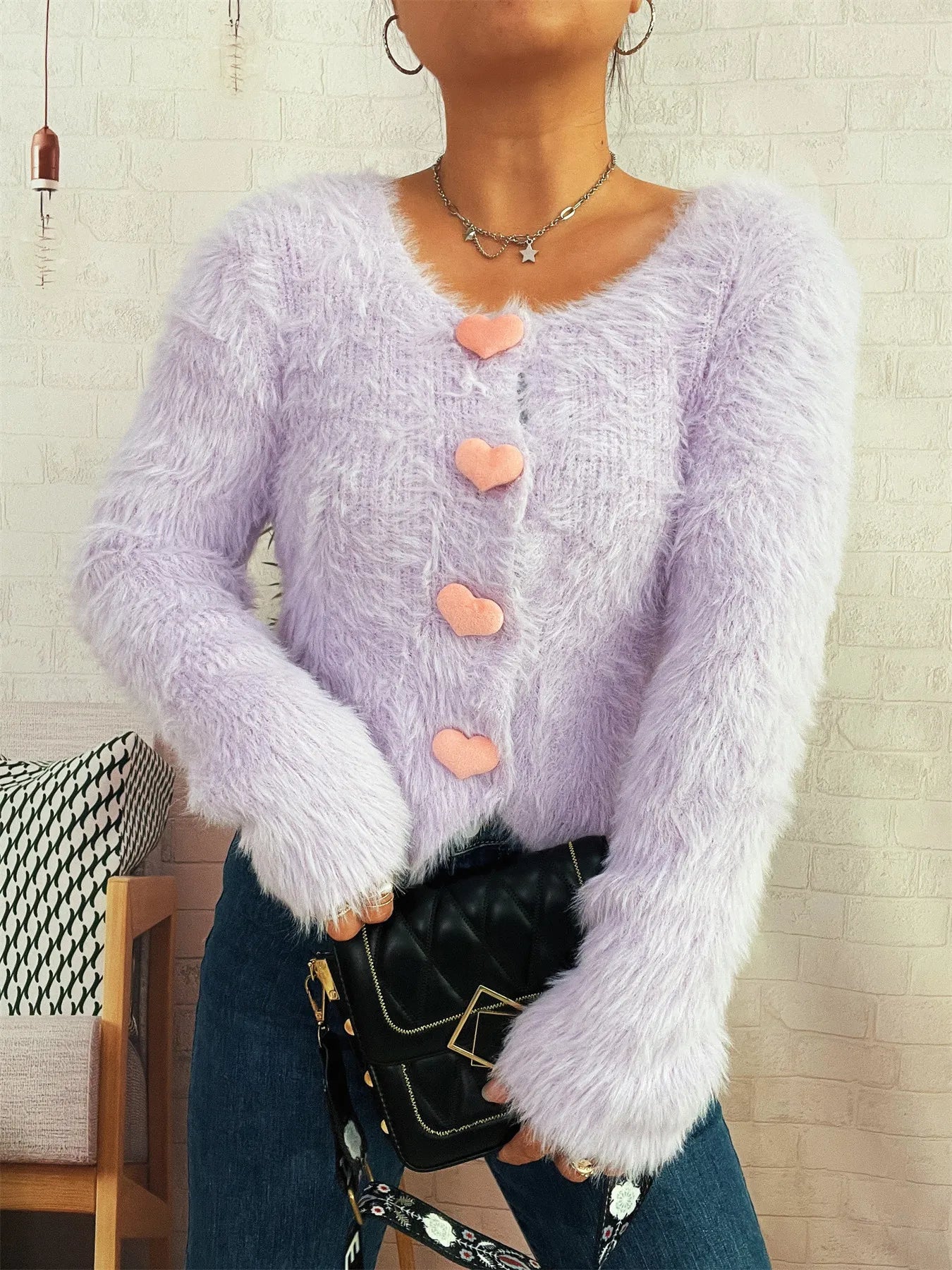 Fuzzy Heart Shape Button-Up Cardigan - Fashorio