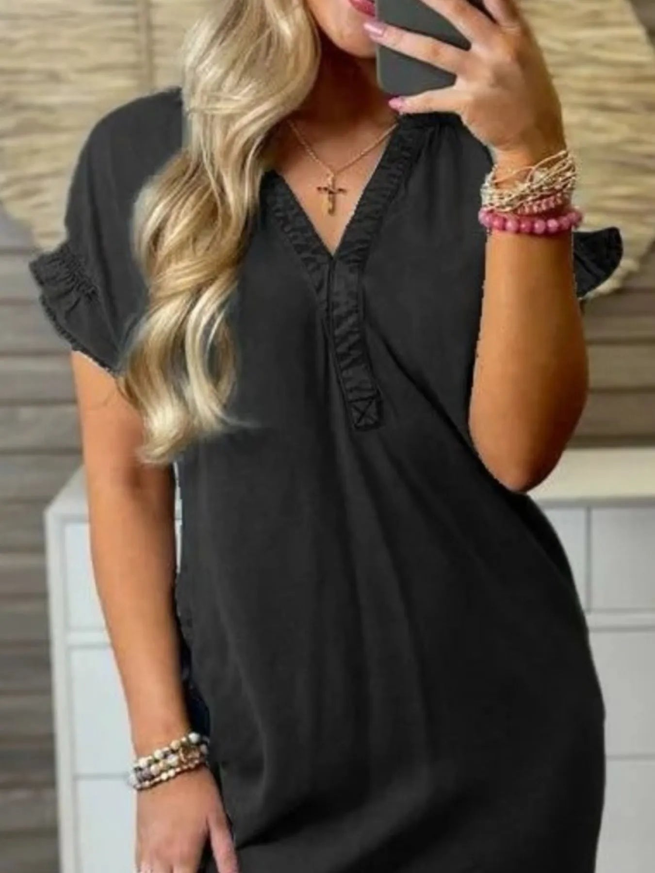 Full Size V-Neck Short Sleeve Denim Dress Plus Size - Fashorio