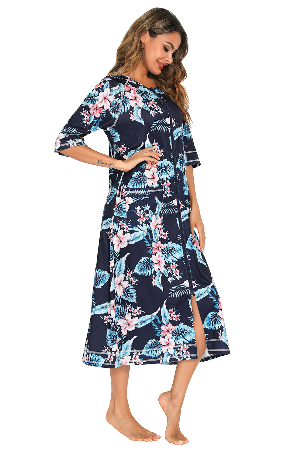 Printed Slit Night Dress with Pockets - Fashorio