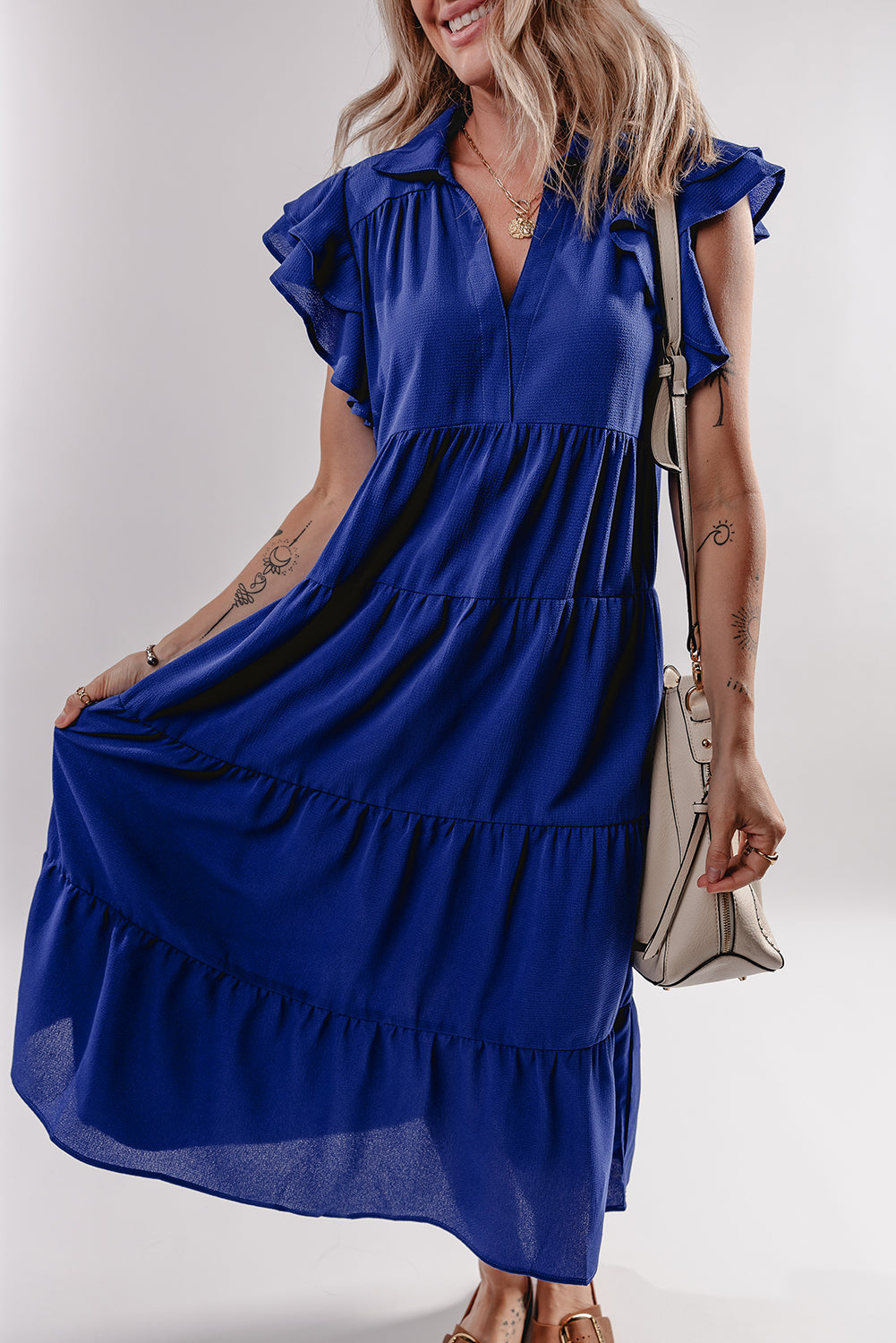 Blue ruffled midi dress side profile