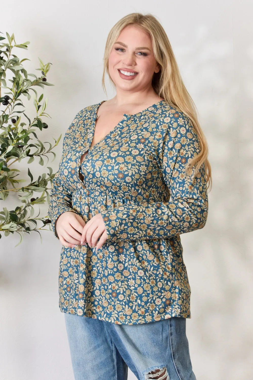 Heimish Full Size Floral Half Button Long Sleeve Blouse - Fashorio