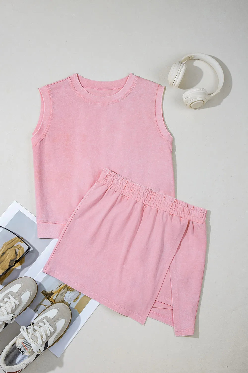 Mineral Wash Cotton Tank and Slit Skort Set in Blush Pink, view 6