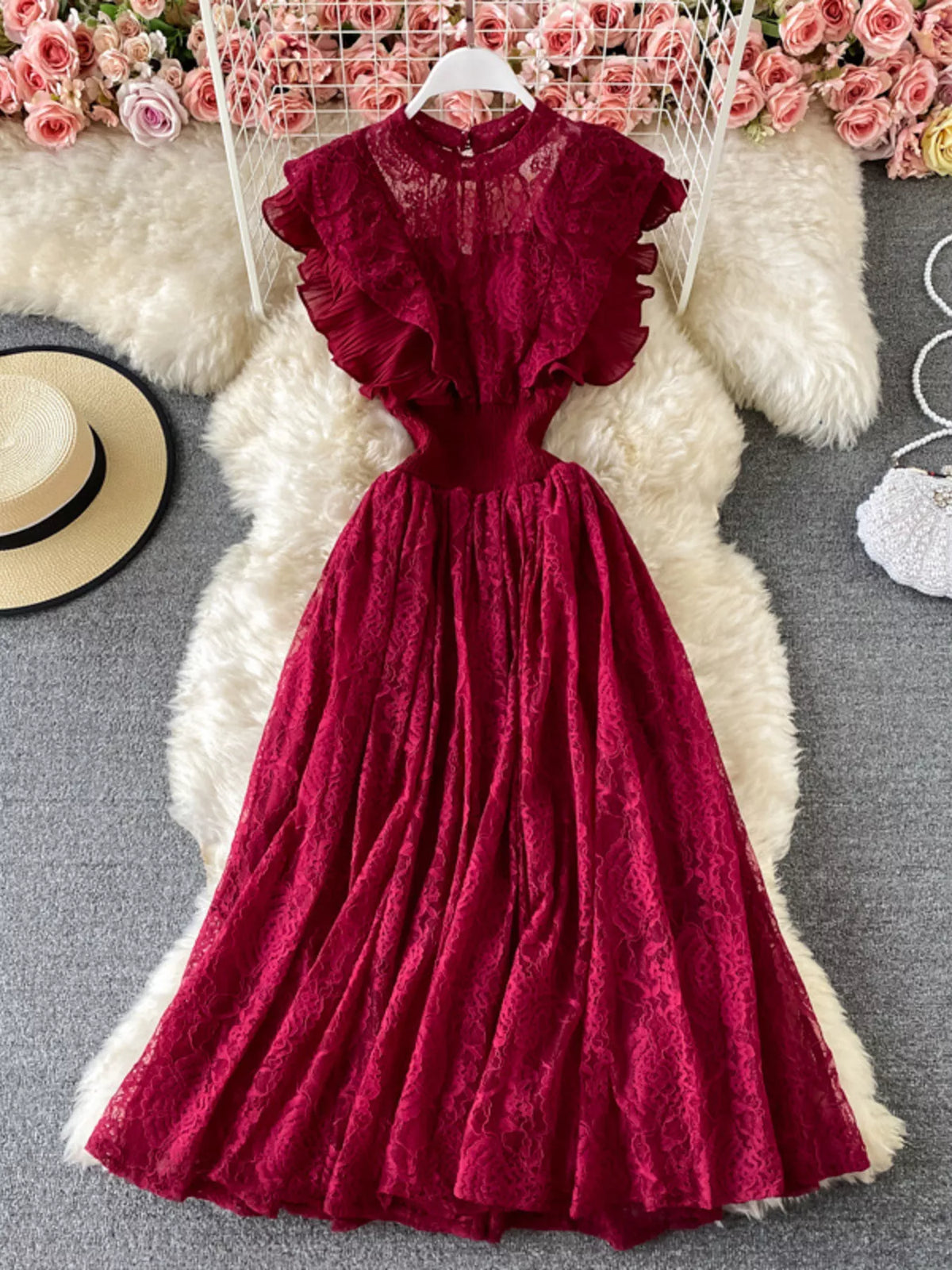 Ruffled mock neck lace maxi dress, detail of neckline