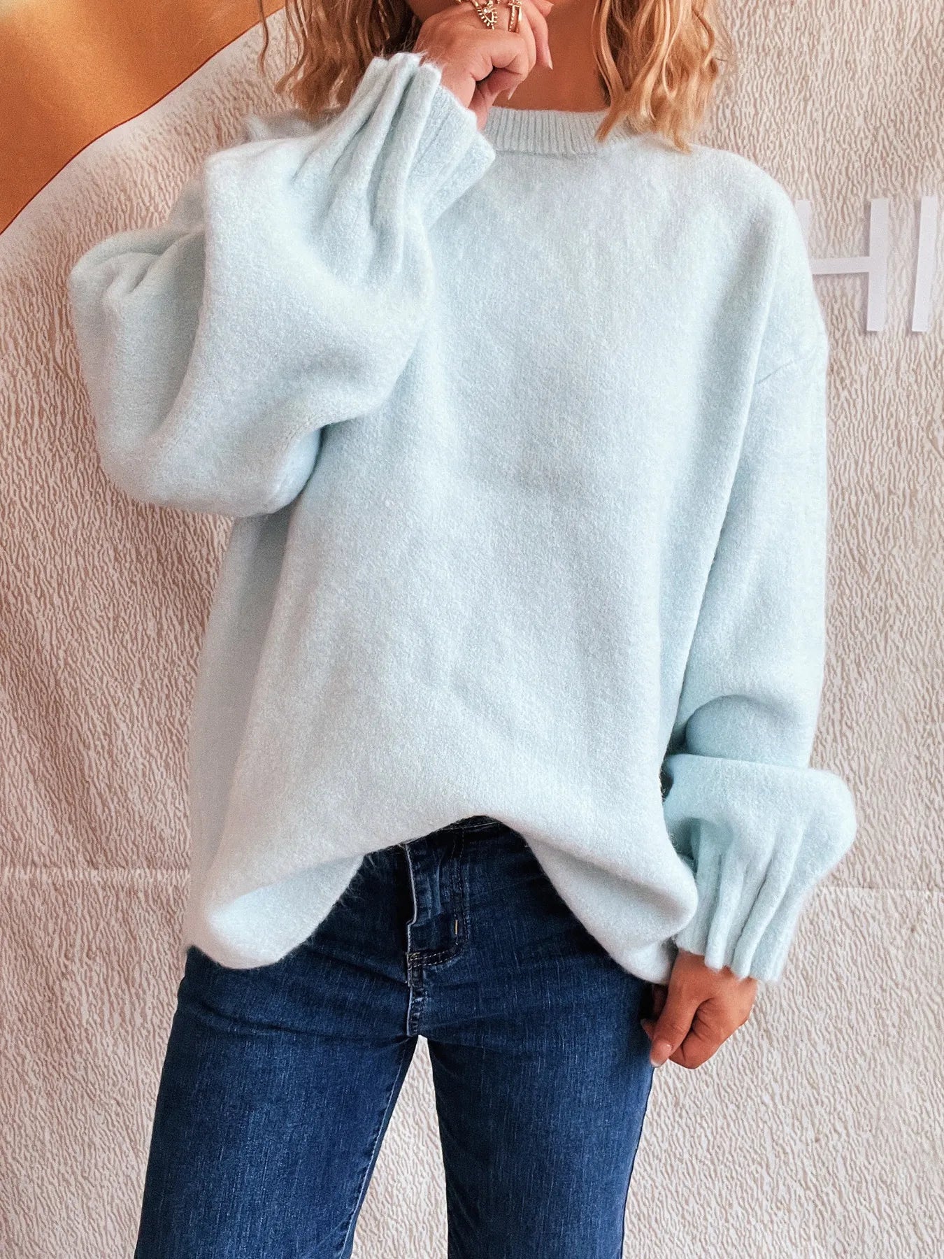 Round Neck Dropped Shoulder Sweater - Fashorio