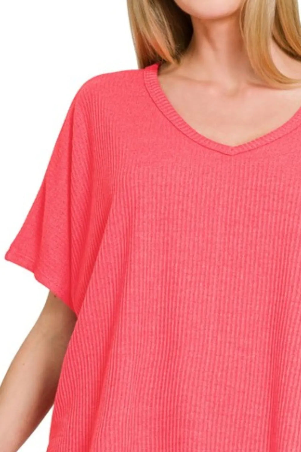 Zenana Ribbed V-Neck Short-Sleeve Knit Top - Fashorio