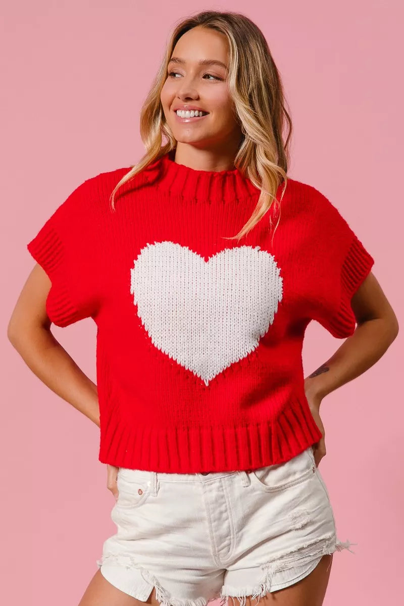 Heart Pattern Rib Banded Sweater in Red and Ivory on model