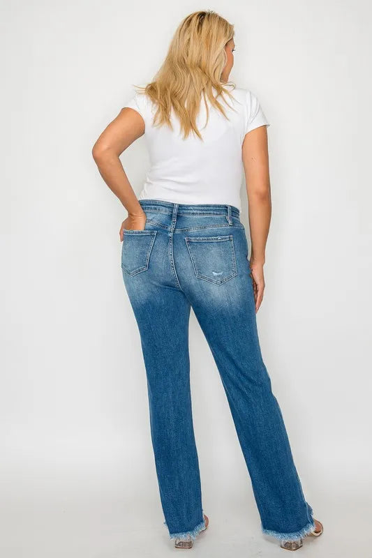 bytos Full Size Raw Hem Distressed Mid Rise Straight Jeans - Fashorio