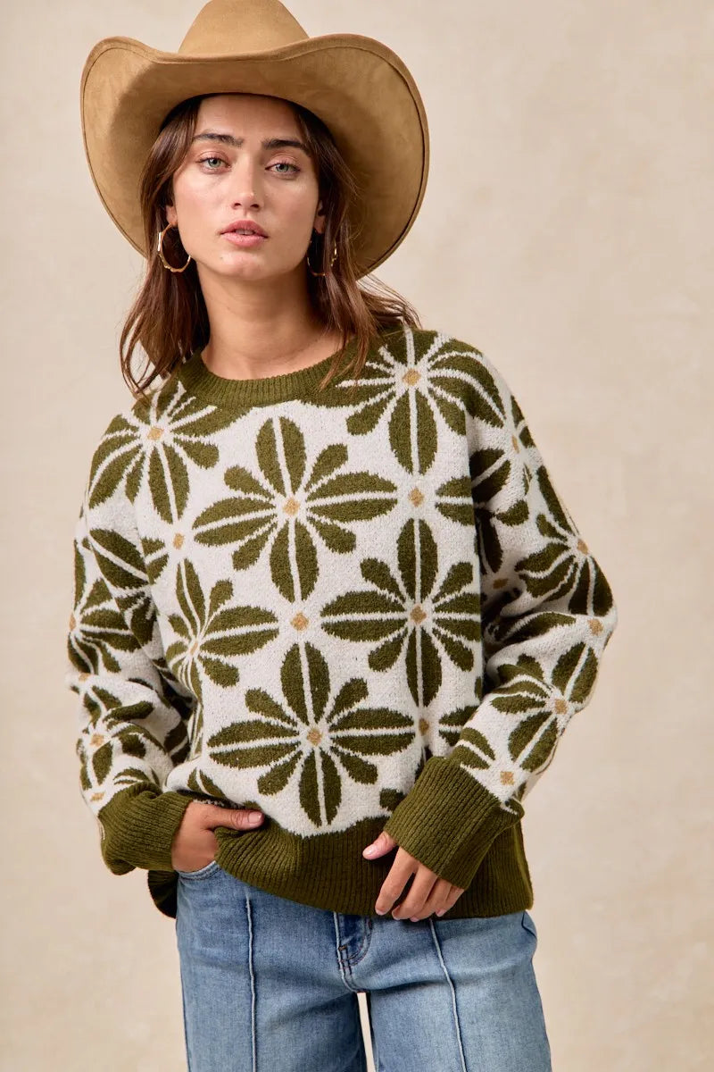 BiBi Flower Pattern Long Sleeve Sweater - Fashorio