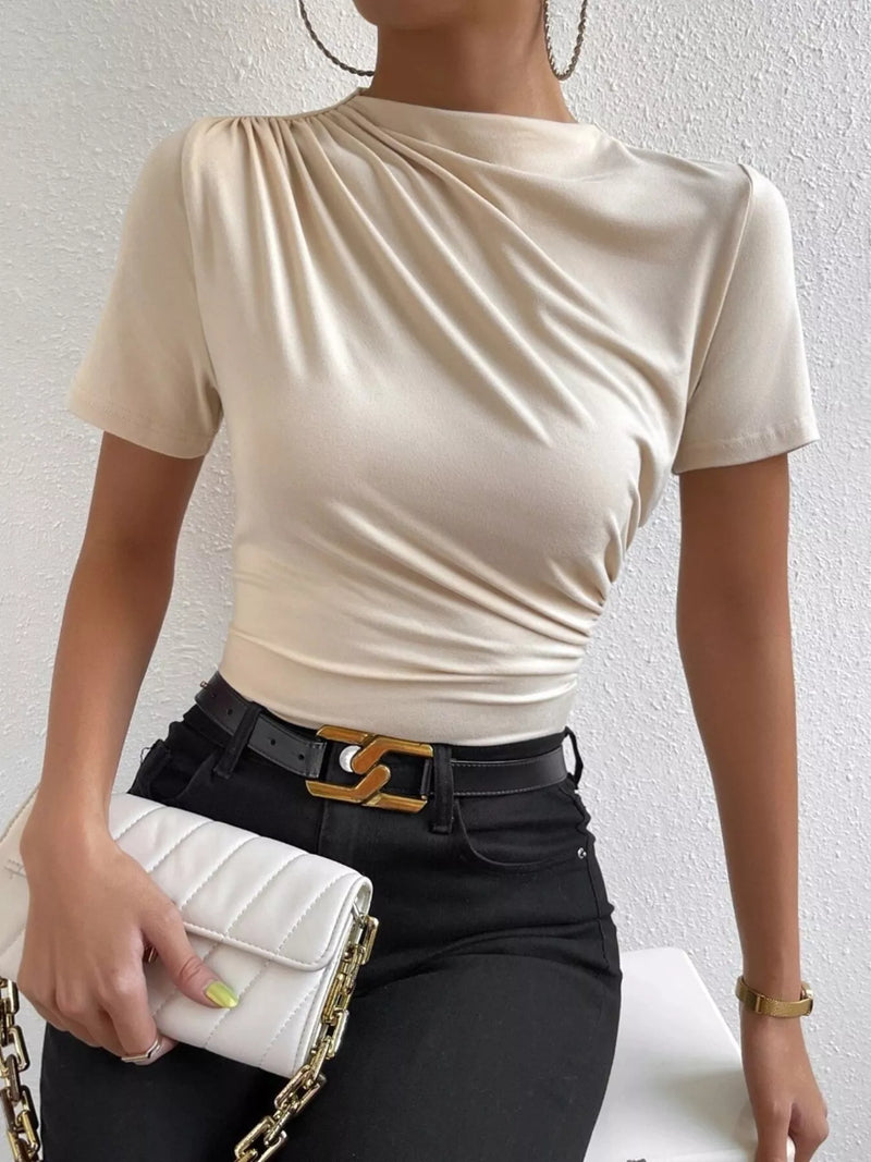 Ruched short sleeve fitted tee front view