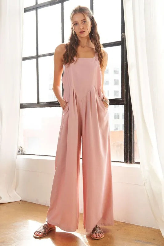 Square Neck Wide Leg Overalls with Pockets detail