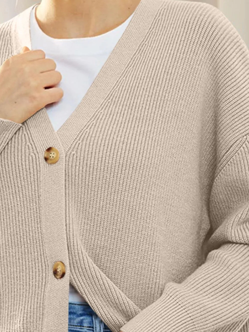 Button Down V-Neck Long Sleeve Cardigan - Fashorio