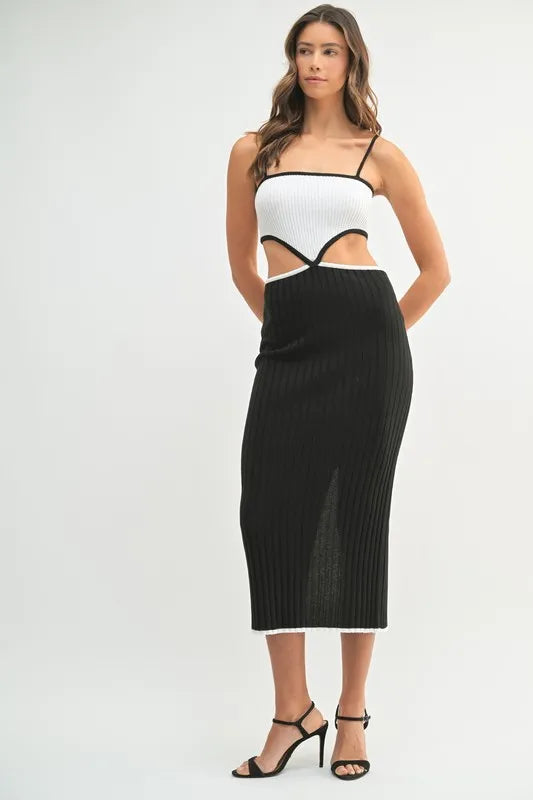 Ribbed Knit Cut Out Color Block Midi Dress in Black