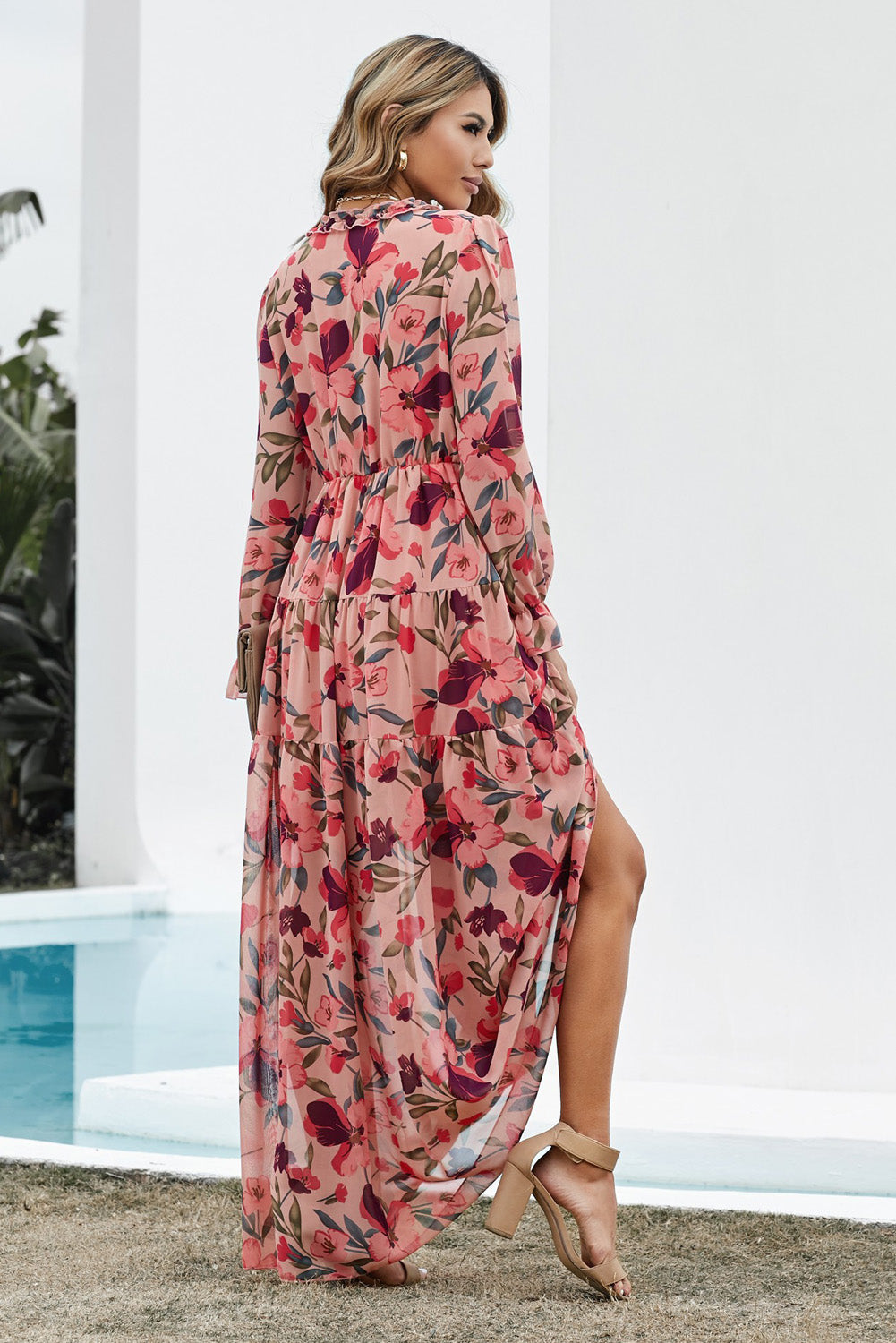Floral flounce sleeve plunge maxi dress front view